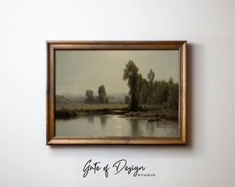 Impressão artística de paisagem fluvial vintage: decoração rústica campestre (download digital)