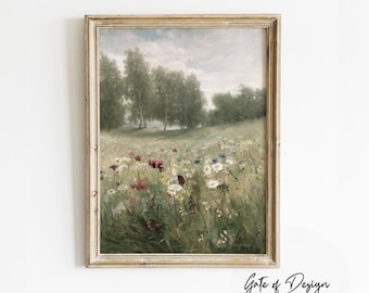 Puede incluir: Una pintura enmarcada que representa un campo de flores silvestres en tonos rojos, blancos y azules, con un bosque en el fondo. La pintura está en un marco de madera claro.