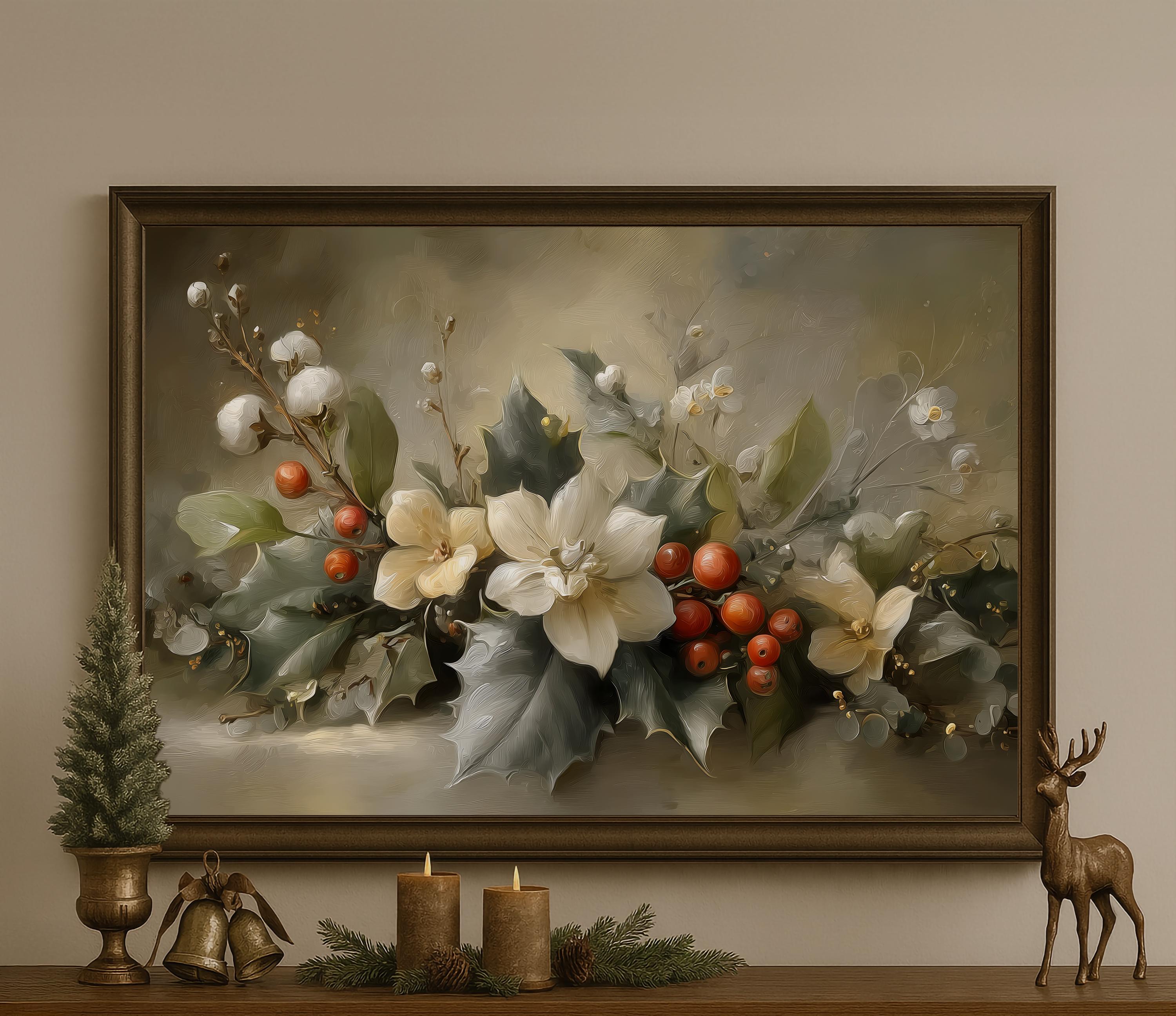 ポインセチア、ヒイラギの葉と実のウォールアートプリント クリスマス