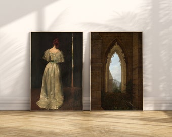 Gothic Woman & Window Painting Print Set: Dark Academia Wall Art (Digital Prints)