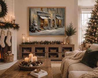 Printed Christmas Bookshop Canvas Wall Art Cozy Winter Bookstore Print Framed Christmas Decor Snowy Street Artwork Book Lover Gift