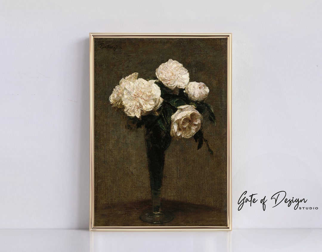 Antique Floral Still Life Print White Roses Vase Moody Antique ...