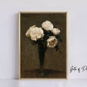 Antique Floral Still Life Print White Roses Vase Moody Antique Printable Wall Art Dark Painting  Vintage Home Decor Victorian Style Artwork