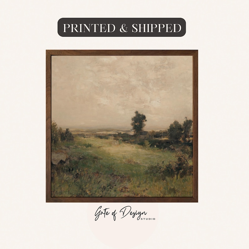 May include: A framed landscape painting with a pastoral scene. The artwork features a field of green grass, trees, and a cloudy sky. The text "PRINTED & SHIPPED" is at the top, and "Gate of Design" is at the bottom.