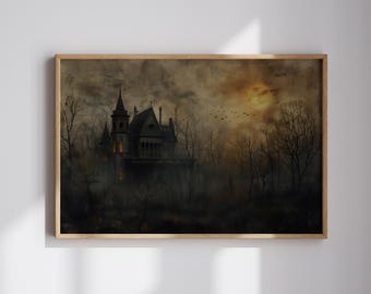 May include: A dark, ominous Victorian-style house with a tower stands in a foggy forest. The sky is a muted orange and yellow, with a few birds flying overhead.