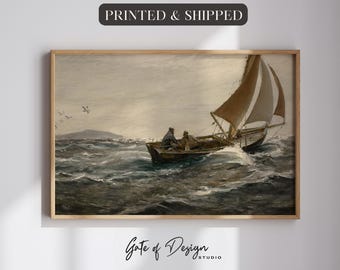 PRINTED Vintage Sailboat Ocean Wall Art Print: Fishermen at Sea Nautical Coastal Decor