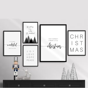 Black White Christmas Digital Wall Art Print Set of 5, Christmas Gallery Wall Set, Christmas Modern Minimalist Prints, Xmas Holiday Posters