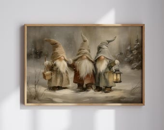 Lámina decorativa de pared con diseño de gnomo navideño, estilo escandinavo, invierno nevado, arte imprimible, decoración navideña rústica neutra
