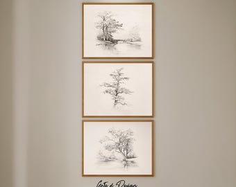 Custom Listing Set of 3 Tree Sketches Walnut Frames 24x30
