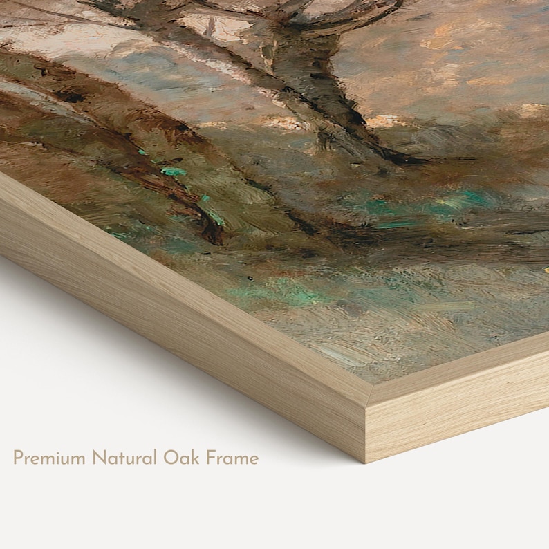 May include: A framed oil painting print featuring a landscape with dark brown tree trunks and branches against a muted, earthy background. The artwork is encased in a light-colored, natural oak wood frame with a clean, angled edge profile.