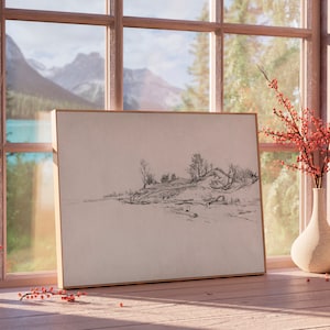 Impresión de pared con dibujo a lápiz vintage, arte de pared neutro con dibujo a mano de paisaje antiguo, arte lineal descargable, decoración minimalista digital
