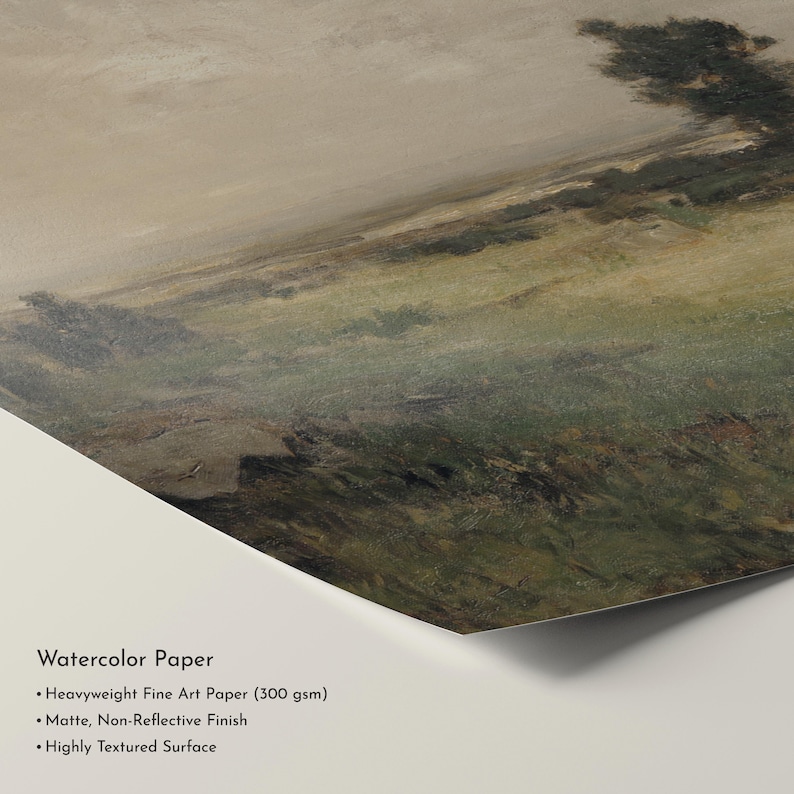 May include: A print of a landscape painting with a muted color palette of greens, browns, and beige. The artwork is printed on heavyweight fine art paper with a matte, non-reflective finish and a highly textured surface. The text "Watercolor Paper" is visible.
