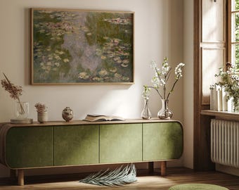 Printed Water Lilies Monet Wall Art: Framed Impressionist Floral Landscape Horizontal Botanical Decor