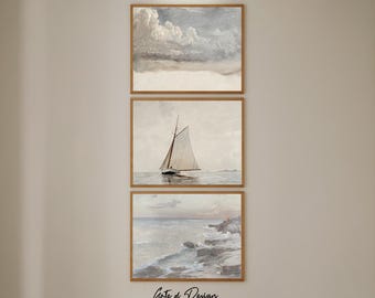 Set of 3 Framed Coastal Seascape Prints: PRINTED Sailboat, Ocean, Beach House Decor