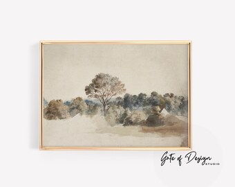 Vintage Tree Landscape Print: Muted Antique Sketch (Digital Download)