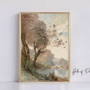 Beige Vintage Tree Wall Art Print Rural Lake Landscape Painting Neutral Nature Printable Art  Bedroom Decor Wall Print Rustic Oil Painting