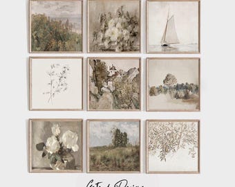 Printed Square Neutral Vintage Wall Art Set Of 9 Beige Cottagecore Prints Landscape Gallery Wall
