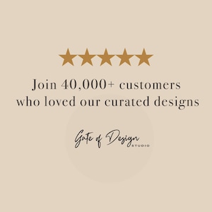 Op de afbeelding: Afbeelding met vijf gouden sterren bovenaan, met de tekst "Sluit je aan bij 40.000+ klanten die van onze samengestelde ontwerpen houden." Daaronder het logo van Gate of Design Studio, in een handschrift.