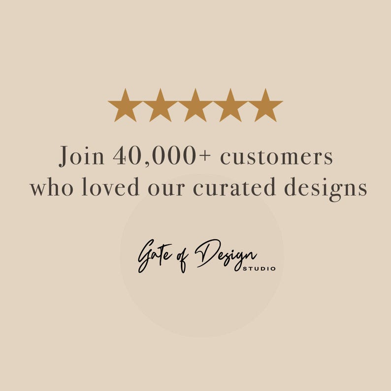Op de afbeelding: Afbeelding met vijf gouden sterren bovenaan, met de tekst "Sluit je aan bij 40.000+ klanten die van onze samengestelde ontwerpen houden." Daaronder het logo van Gate of Design Studio, in een handschrift.