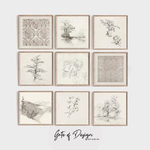 Square Neutral Wall Art Set Vintage Rustic Digital Prints Minimalist Decor Sketch Antique Art Monochromatic Wall Prints Pattern Printables