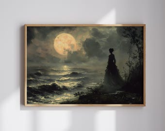 May include: A painting of a woman in a long dress standing on a rocky shore, looking out at a large, full moon over a dark, choppy sea.