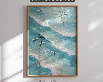 Printed Mini Surfers Fine Art Print Tiny People Ocean Painting Aerial Seascape Coastal Gallery Wall Artwork Vertical Beach Print