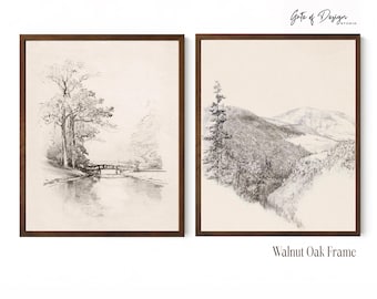 Printed Set Of 2 Vintage Hand Drawing Landscape Wall Art Neutral Sketch Prints Tree Bedroom Decor