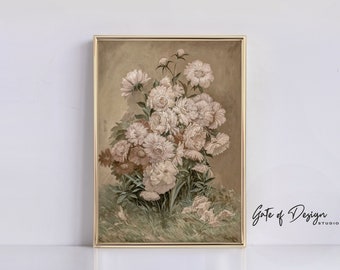 Impresión de pintura floral vintage: Arte botánico en tonos neutros y cálidos (descarga digital)