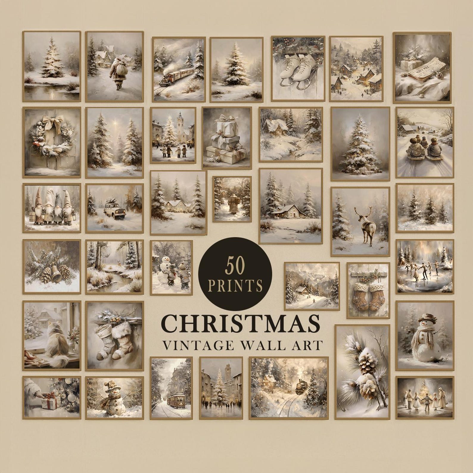 Vintage Christmas Wall Art Prints Set | Rustic Winter Landscape ...
