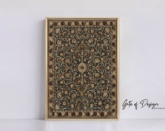 May include: A framed print of a vintage rug with a floral pattern in shades of brown, beige, and blue. The rug is surrounded by a gold frame.