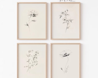 Printed Set Of 4 Botanical Sketch Wall Art Neutral Minimal Line Drawing Floral Prints For Bedroom Office Modern Home Decor Gift