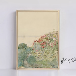 Impressão de paisagem floral vintage: papoulas da primavera, arte costeira (download digital)