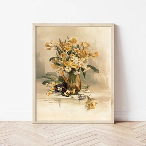 May include: A vintage watercolor painting of a bouquet of yellow daffodils in a brown vase. The flowers are arranged in a loose, natural style, and the vase is decorated with a simple design. The painting is signed "Dennis C. Dowdell 1892" in the lower left corner.