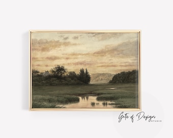 May include: A watercolor painting of a landscape scene with a house in the distance, trees, and a river. The sky is a soft pink and orange color, and the water is reflecting the colors of the sky.