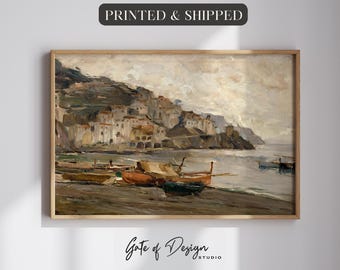 Vintage European Coastal Print: PRINTED & FRAMED Mediterranean Harbor Village Seaside Town Wall Art