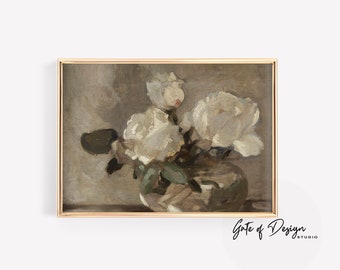 Vintage Roses Oil Painting: Muted Floral Still Life Art Neutral Printable Wall Art Digital