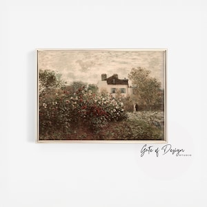 K&ouml;nnte beinhalten: Ein gerahmtes Landschaftsgem&auml;lde zeigt ein Haus, das von &uuml;ppigem Gr&uuml;n und bl&uuml;henden Blumen umgeben ist. Das Kunstwerk weist eine ged&auml;mpfte Farbpalette mit Gr&uuml;n-, Braun- und Rott&ouml;nen auf und erzeugt eine Vintage-&Auml;sthetik. Der Text "Gate of Design Studio" ist sichtbar.