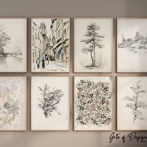 Vintage Sketch Printable Wall Art Set Neutral Landscape Nature Botanical Hand Drawings Antique Wall Prints Decor Idea Gallery Wall Art Set