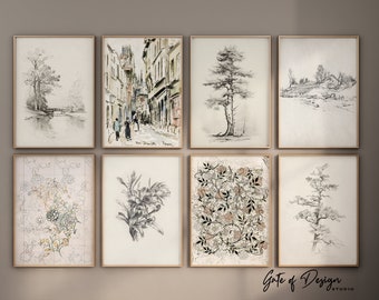 May include: A set of eight framed black and white drawings, including a cityscape, trees, and floral patterns. The frames are all a light wood color.