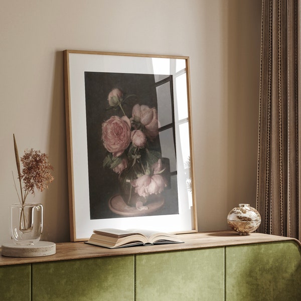 Vintage Dark Floral Still Life Painting - Moody Pink Peonies Wall Art Print Antique Botanical Art Romantic Home Decor Digital Download Print