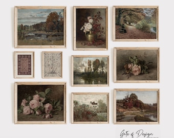 European Wall Art Gallery, Moody Vintage Collection, Warm Fall Landscape Country Paintings, Floral Wall Prints, Antique Floral Downloadable