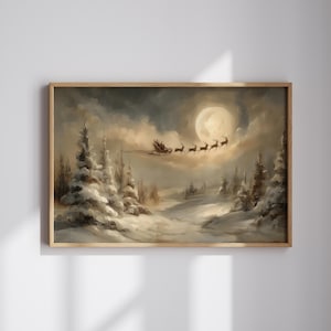 Vintage Santa Sleigh Christmas Print, Full Moon Reindeer Art (Digital Download)