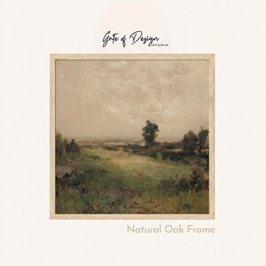 May include: A framed landscape painting with a natural oak frame. The artwork depicts a field of green grass and trees under a cloudy sky. The text "Gate of Design Studio" and "Natural Oak Frame" are visible.