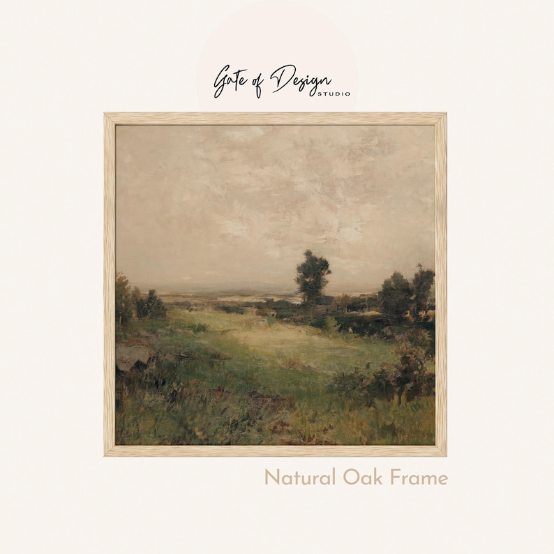 May include: A framed landscape painting with a natural oak frame. The artwork depicts a field of green grass and trees under a cloudy sky. The text "Gate of Design Studio" and "Natural Oak Frame" are visible.
