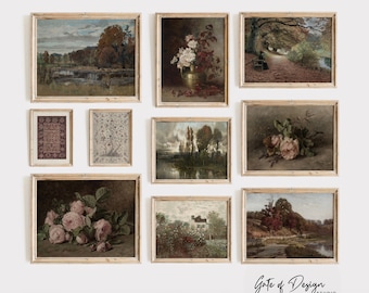 May include: A collection of 90 vintage prints in various styles, including landscapes, floral arrangements, and still life. The prints are displayed in simple wooden frames on a white wall. The text "90 Vintage Prints" is at the top of the image. The text "Gate of Design Studio" is at the bottom of the image.