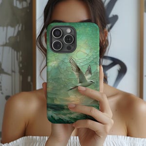 Aqua Textured Glass Effect Phone Case Ocean Bird iPhone Case Summer Unique Best Friend Gift Tough Case Samsung Pixel Artistic Coastal Cover