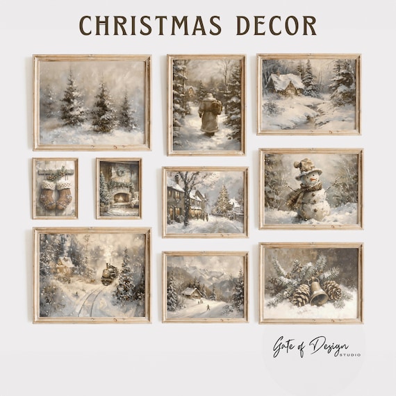 Vintage Christmas Gallery Wall Art Prints, Snowy Landscape (Digital Download)