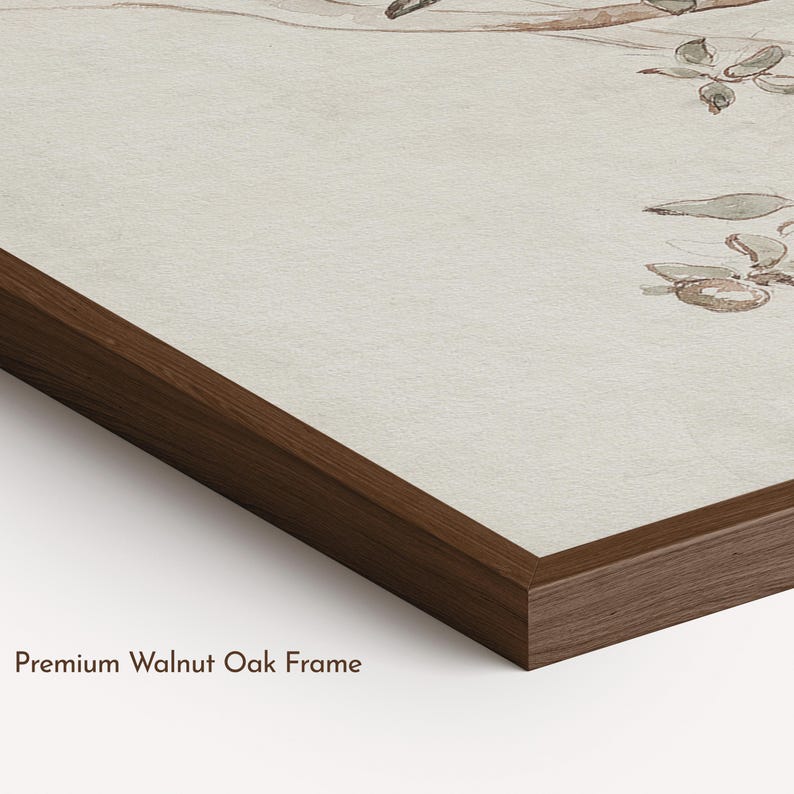May include: A framed wall art piece featuring a botanical illustration of branches with leaves and fruit on a cream-colored background. The artwork is encased in a dark brown premium walnut oak frame with a visible wood grain texture and mitered corners.
