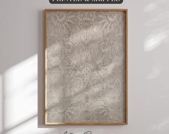 Vintage Floral Print Wall Art – Neutral Beige Fabric Minimalist Printed and Framed Textile Decor