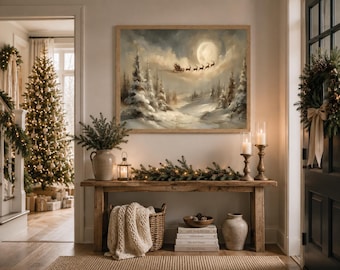 Christmas Santa Printed Wall Art Sleigh Reindeers Canvas Framed Winter Landscape Print Snowy Forest Holiday Decor Christmas Gift